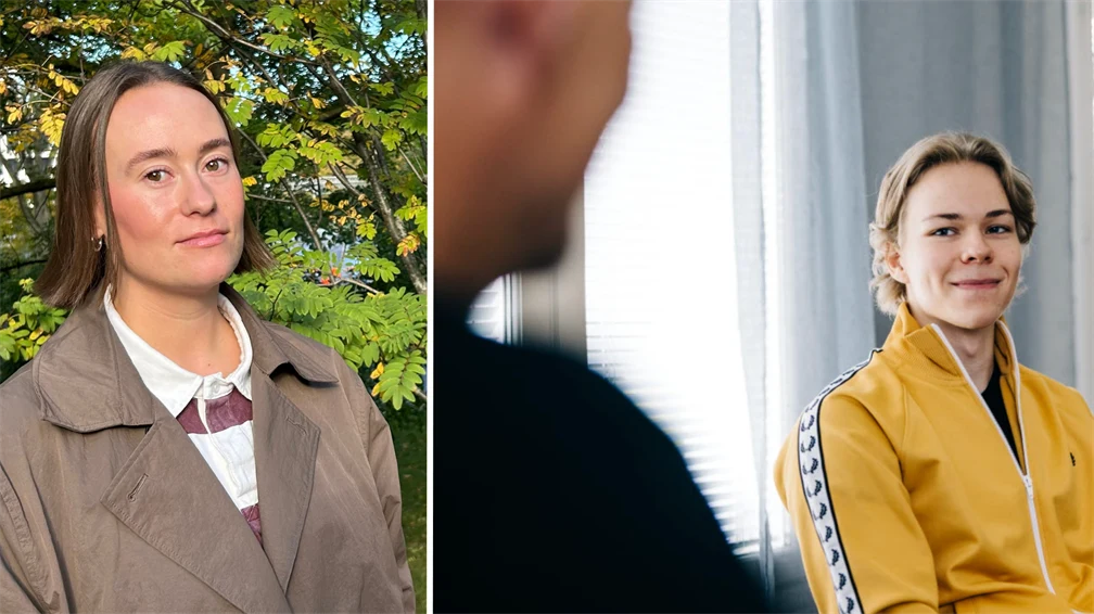 Felicia Tallén, ungdomsbehandlare inom IHF på Humana, tillsammans med en ungdom som tittar på en ungdomsbehandlare.