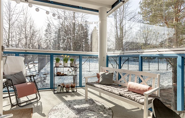 Balcony with couch and chair