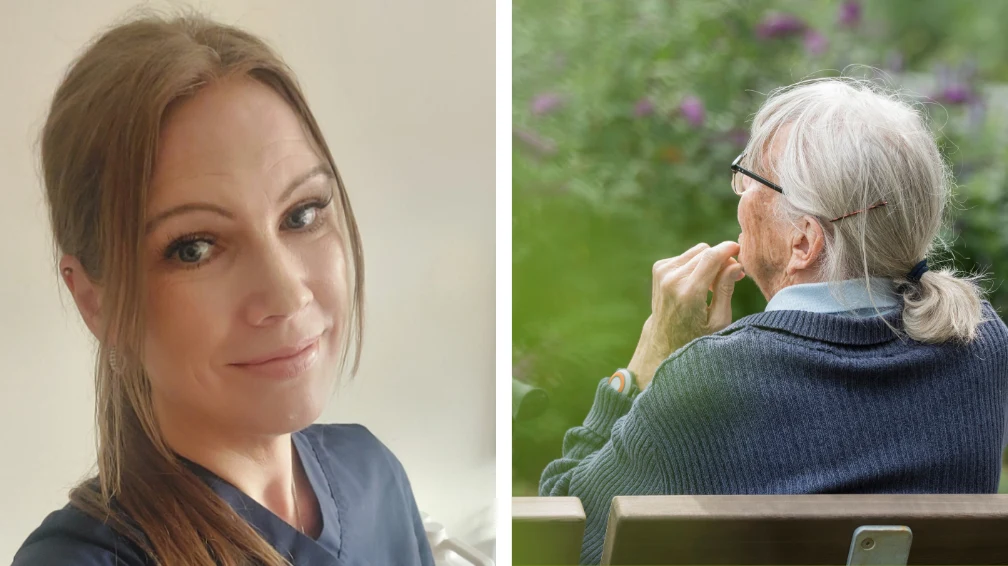 Kvinna som ler och äldre på en bänk.
