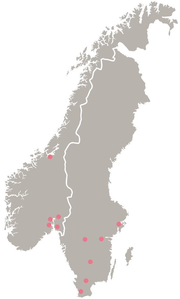 Grå karta över Norge och Sverige med markeringar i rosa. 