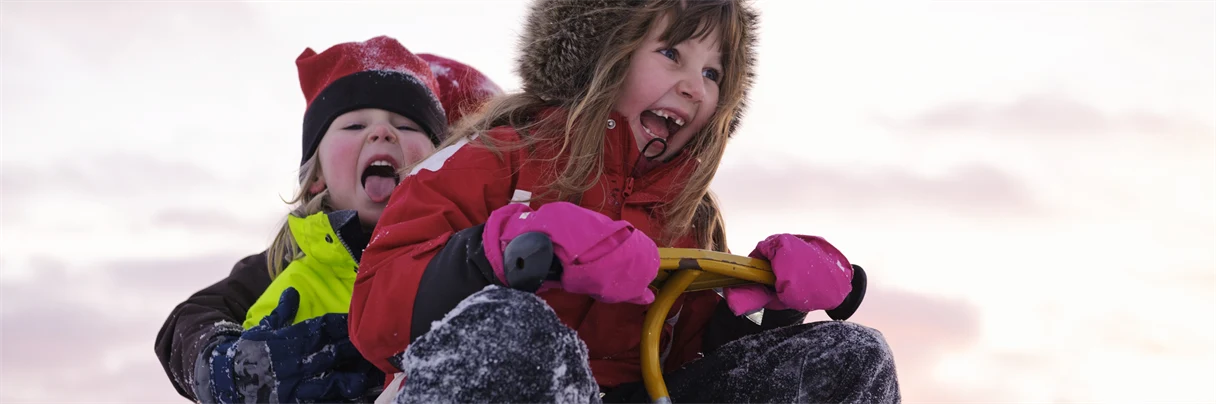 Två barn åker kälke